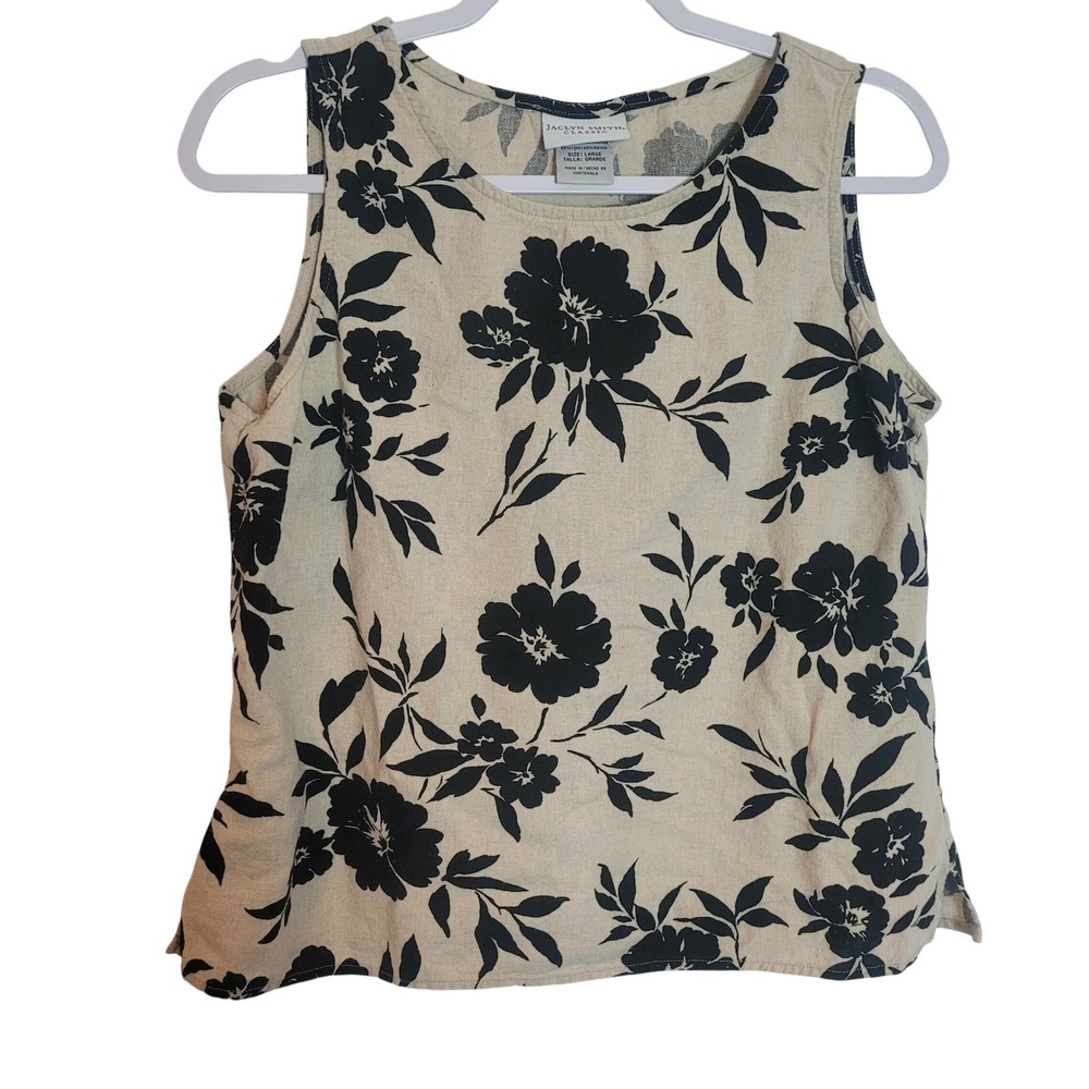 Jaclyn Smith Classic Linen Blend Floral Tank Top Beige Black Sleeveless Large